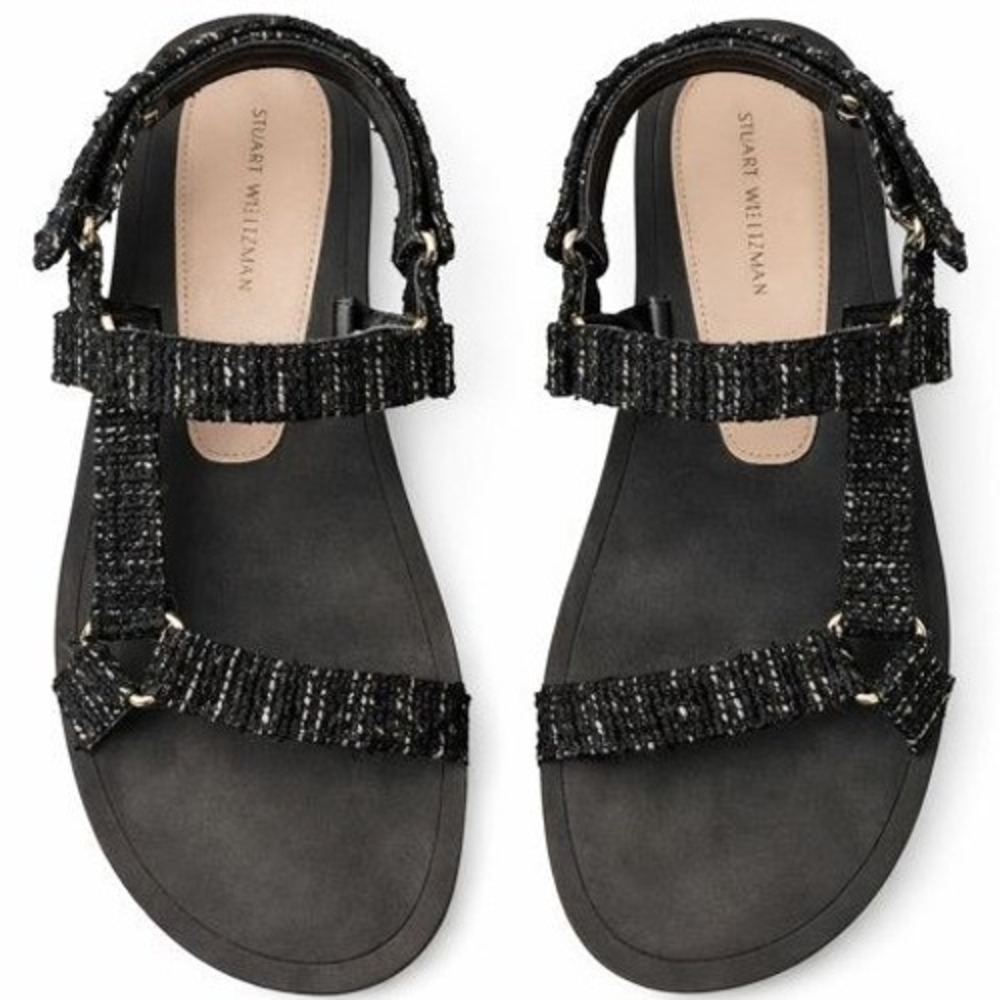 Stuart Weitzman Goldie Sport Sandals Black Tweed  Comfort‎ Flat Slides Sz 8.5